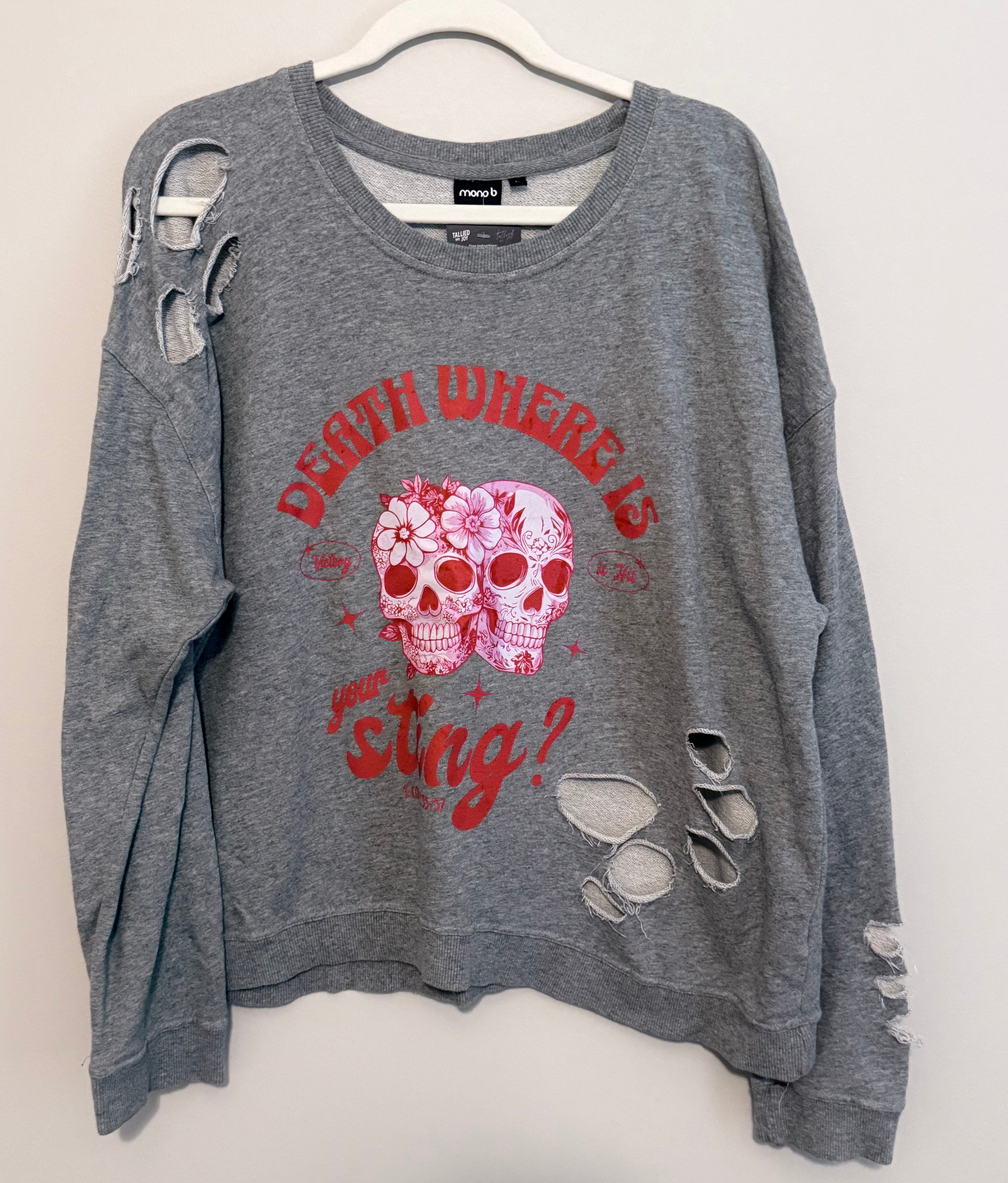 Redeemed Gray Distressed Death Where is Your Sting Crew Neck