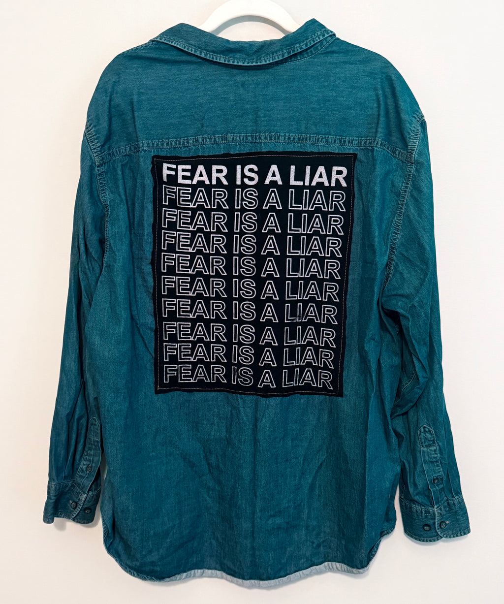 Redeemed Denim Fear is a Liar Button Up